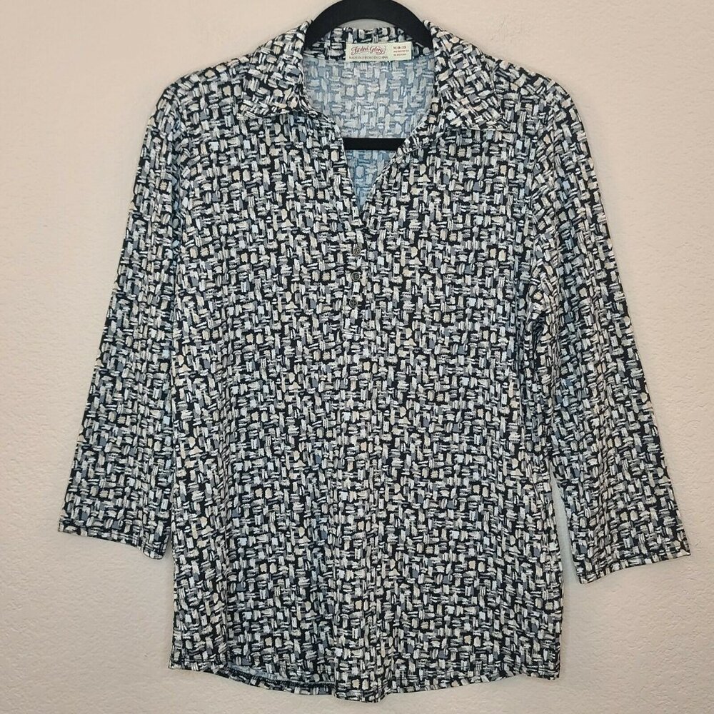 Faded Glory Top Womens Medium Brown Black Print Knit Popover Collared Casual